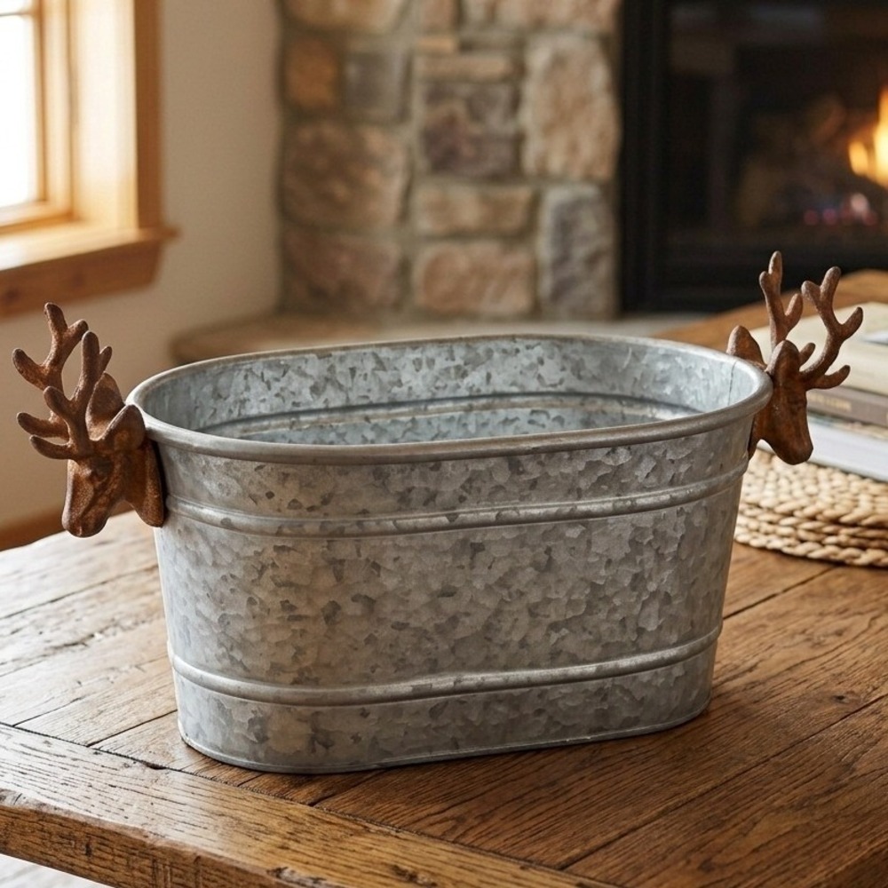 Rustic Galvanized Metal Oval Bucket Cast Iron Deer Stag Antler Handles Farmhouse